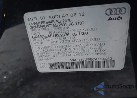 2012 Audi Q5 2.0T Premium из США, поврежденный, VIN WA1CFAFP5CA124053